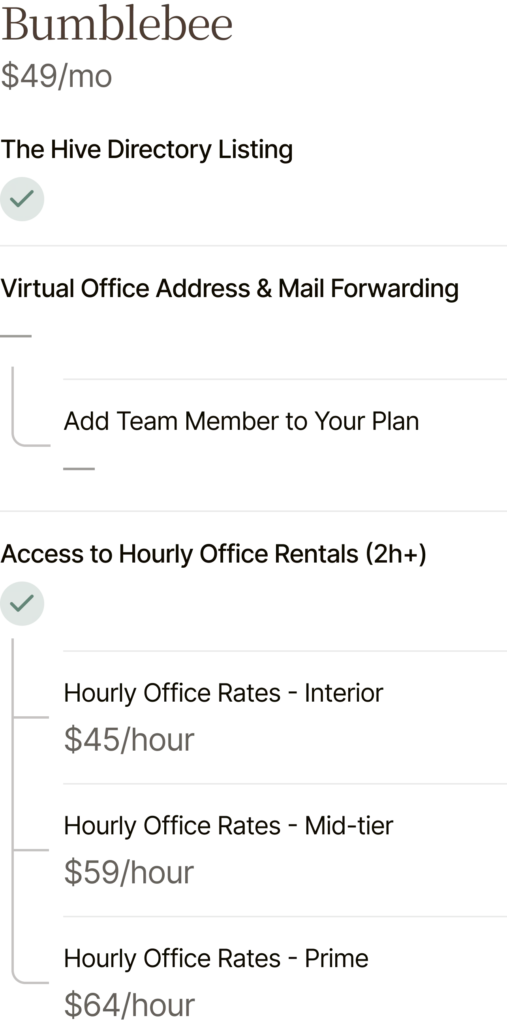 TherapyHive pricing chart for therapy spaces and services.