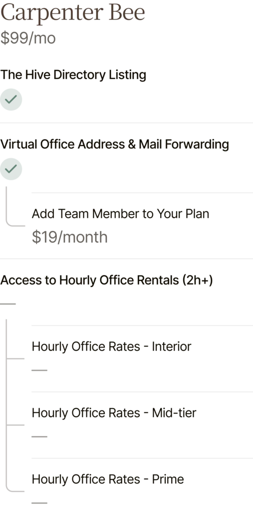 Table displaying TherapyHive office rental and service prices.