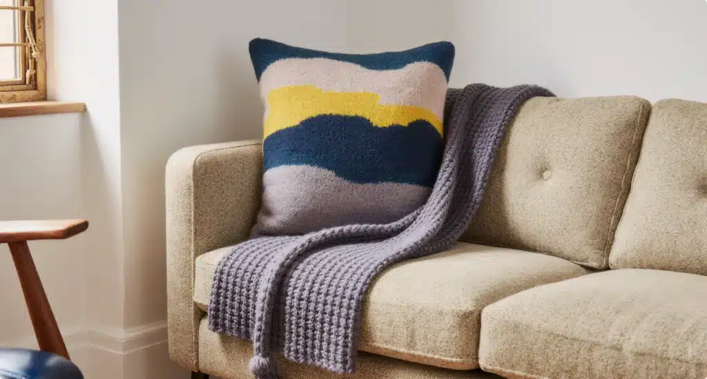 Individual relaxing while seated on a cozy sofa