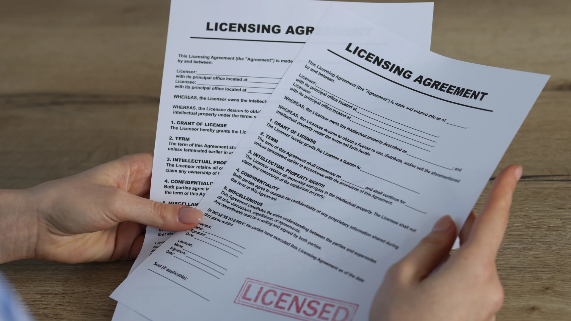 Licensing agreement document outlining terms and conditions for business partnership and usage rights.