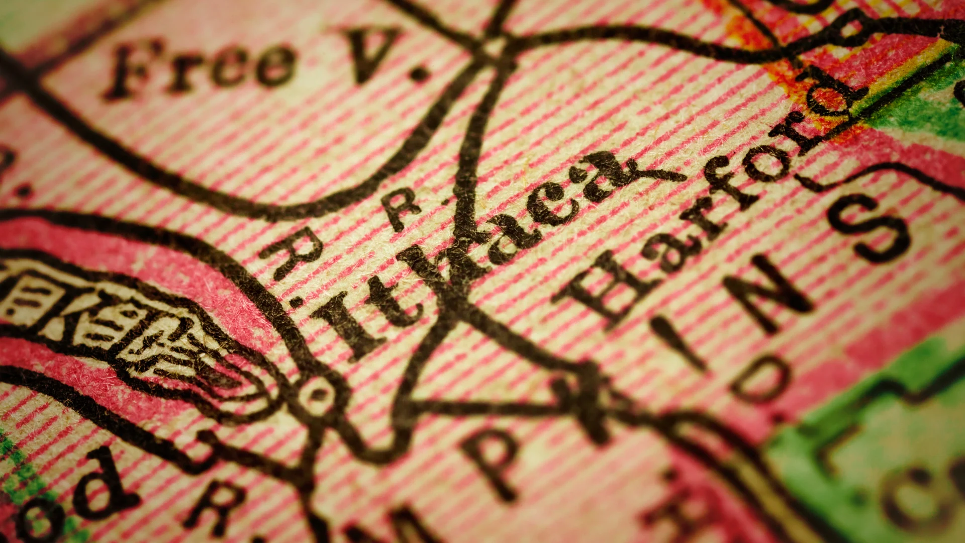 Vintage map detail highlighting Ithaca, NY and surrounding Finger Lakes area, representing the city's location and regional heritage.